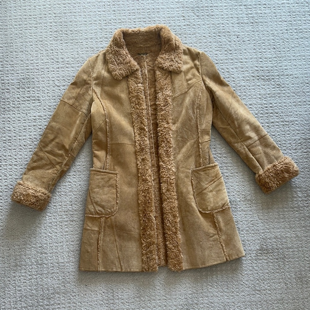 Women's Guess Faux Suede/Fur Tan Shearling Coat size medium